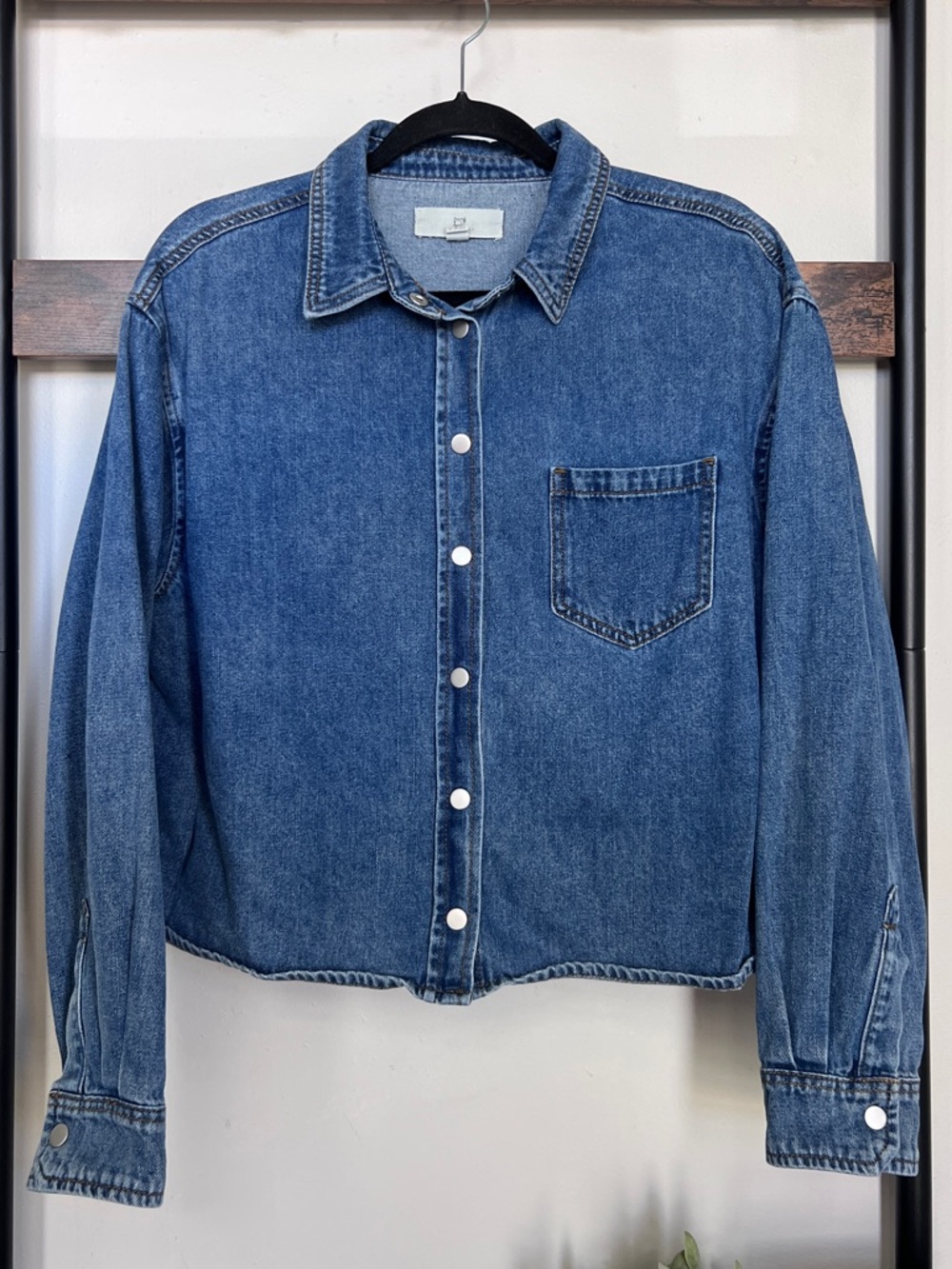 Thread & Supply Cropped Denim Button-Up Shirt Jacket, size medium, 100% cotton